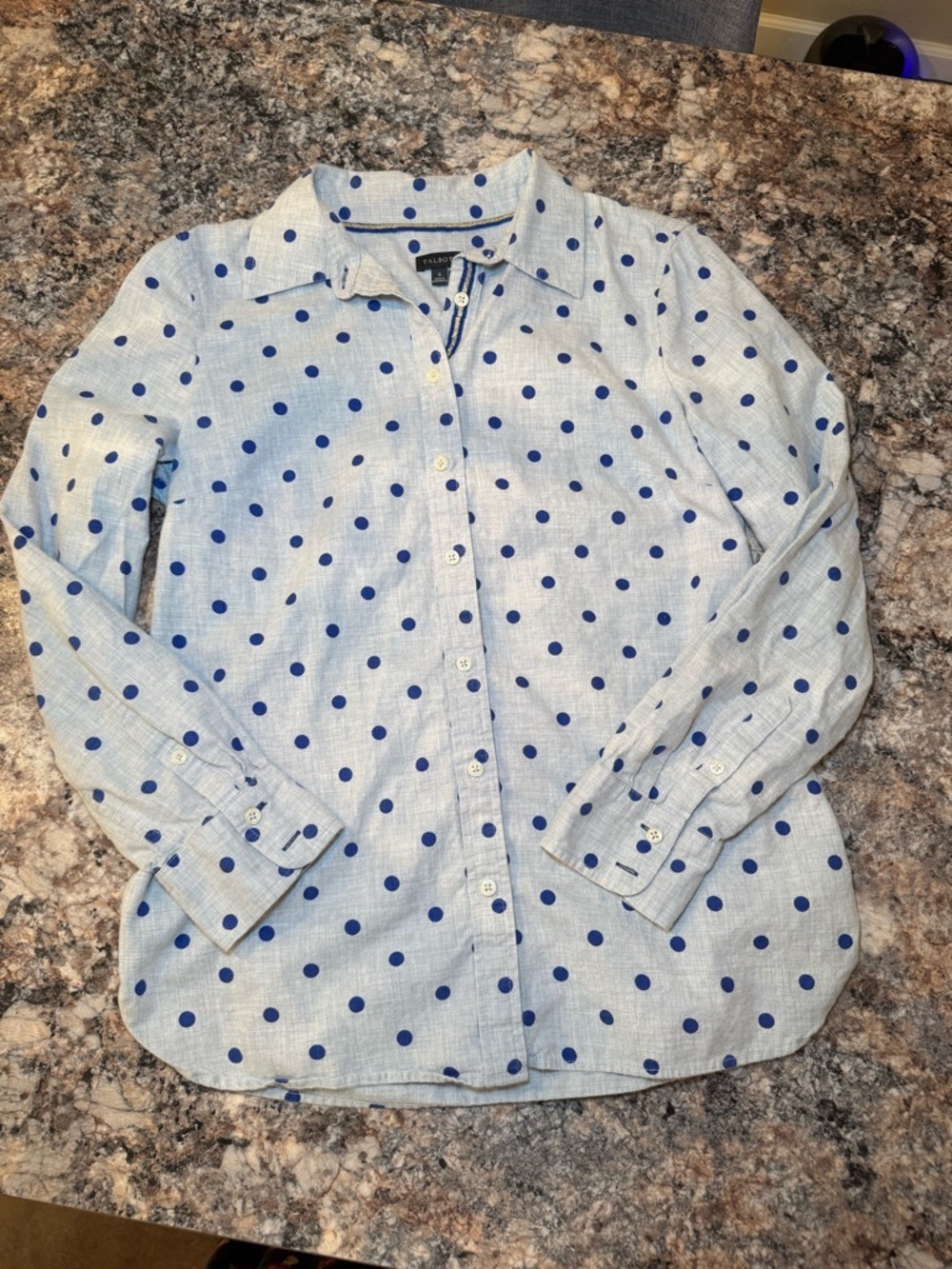 Talbots 100% Cotton Light Gray Shirt with Royal Blue Polka Dots